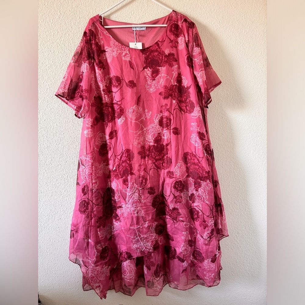 FLYCURVY Floral A-Line Dress Women’s XL Pink Layer Party Spring in NWT Pull Over